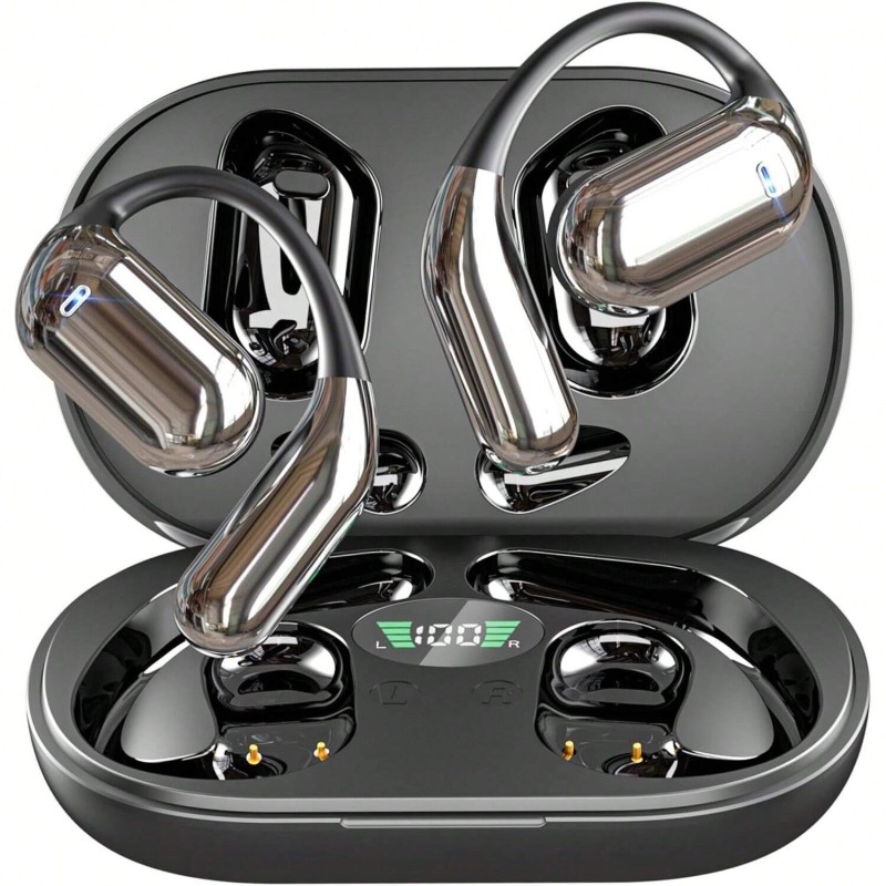 Open Ear Bluetooth 5.4 Headphones, Bone Conduction Wireless Earbuds Sport Over Earphones Built-In Mic With Ear Hooks 50H Playtime Ear Buds LED Display Charging Case Black