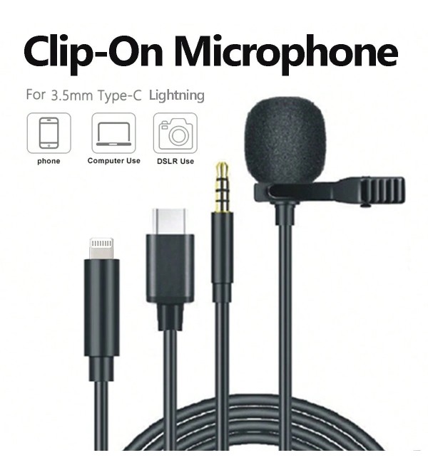 1pc 3.5mm/Type-C/Lightning Interface Mini Recording Microphone, Plug And Play Portable Wired Lavalier Microphone Compatible With IPhone/Android/IPad, For Live Streaming, Gaming, Mobile Phone/Video Recording, Interviews
