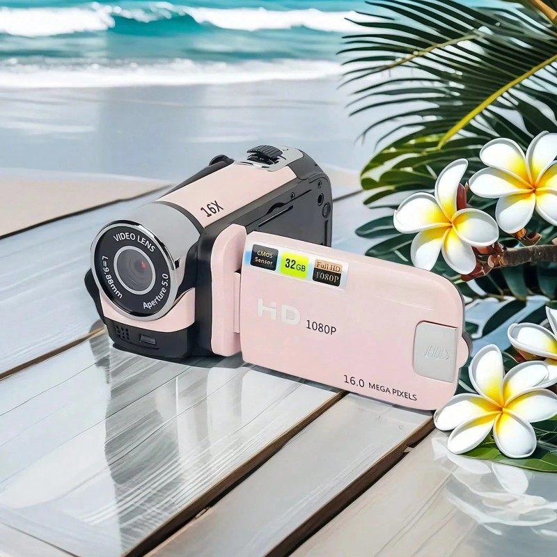 1pc 270° Rotating LED Flip-Screen Camera, HD Digital Camera With 32GB Memory Card - 1080P Full HD, 1080P, 2.4-Inch Display, 16x Zoom, Wide-Angle Lens, Built-In Battery And USB Charging