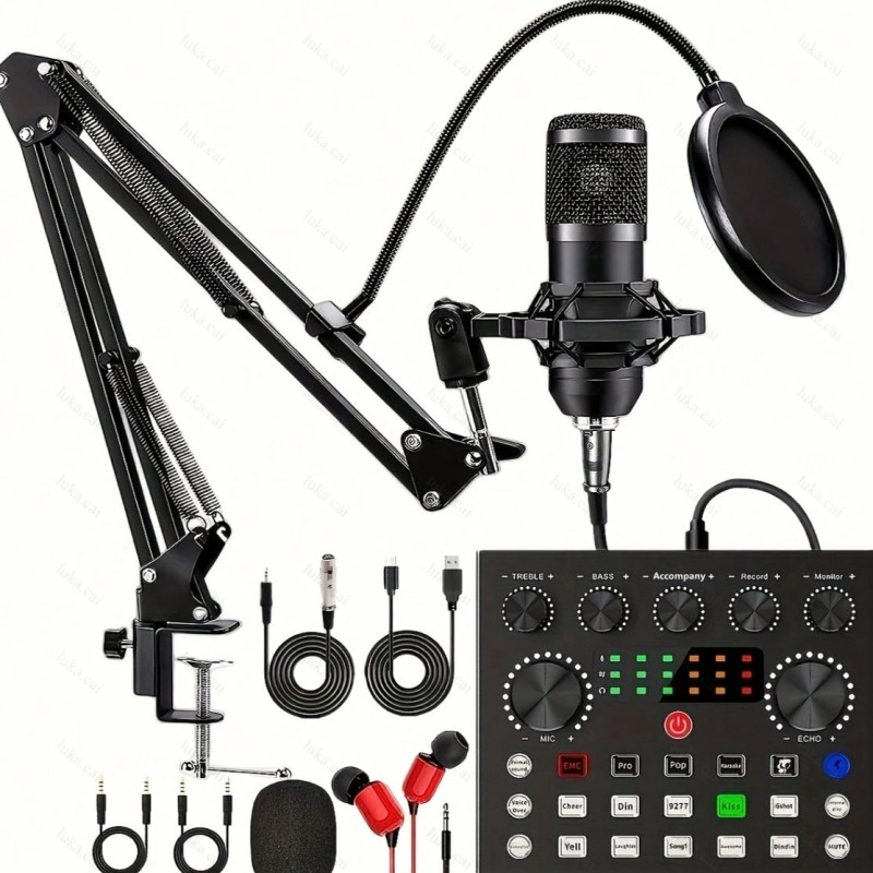 Studio Soundboard Audio Mixer Sound Card Interface-All In One-Podcast Production With One Condenser Microphone With Large Diaphragm, Professional Cardioid Studio Mic Podcasting Equipment Kit For Podcasting