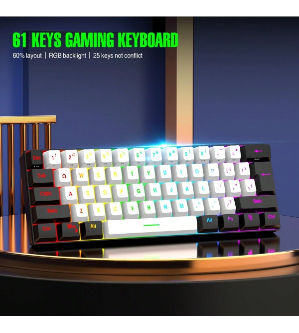 1pc 61-Key Wired White/Black Keyboard RGB Backlight, Gaming & Office Set, Suitable For Home, Office, And Game
