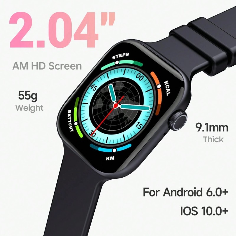 W&O Smart Watch 2.04 AM HD Display IP67 Waterproof, Bluetooth Calling, Wireless Charging, Slim Border Design With Zinc Alloy & IML Case, Compatible Android/IOS, Fitness Tracker,Ideal For Men&Women