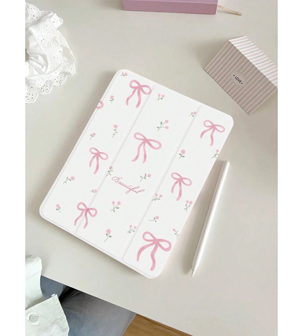 1pc Cute Pink Flower & Bowknot Patterned Tablet Case With Pen Holder, Painted Silicone, Foldable, Shockproof, Sleep/Wake Function, Compatible With Samsung///IPad