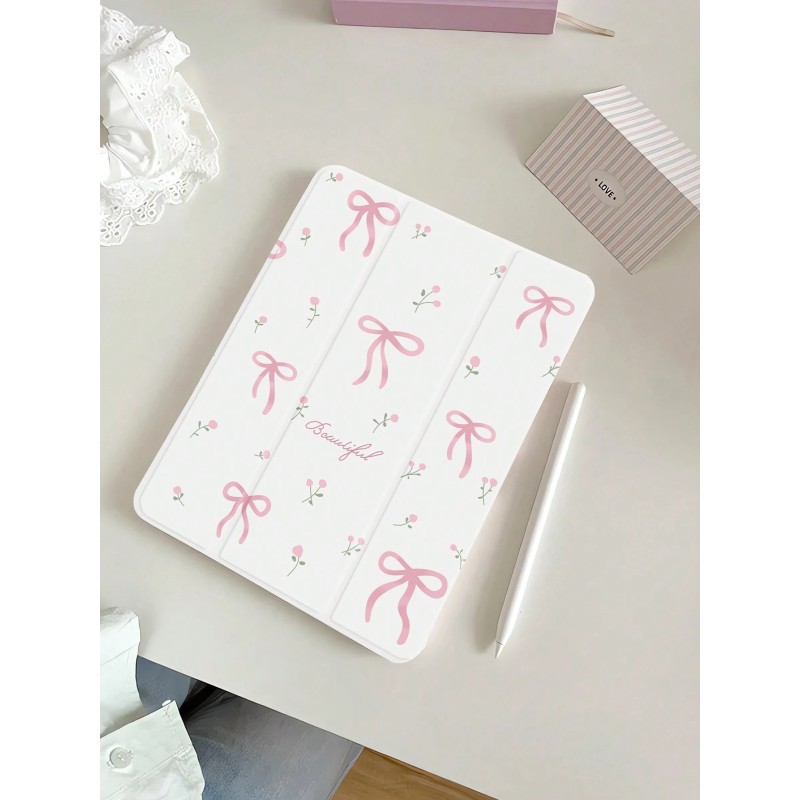 1pc Cute Pink Flower & Bowknot Patterned Tablet Case With Pen Holder, Painted Silicone, Foldable, Shockproof, Sleep/Wake Function, Compatible With Samsung///IPad