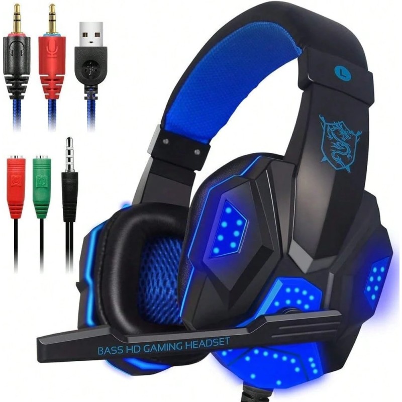 Gaming Headset With Mic And LED Light For Laptop Computer, Cellphone, PC And So On, DLAND 3.5mm Wired Noise Isolation Gaming Headphones - Volume Control