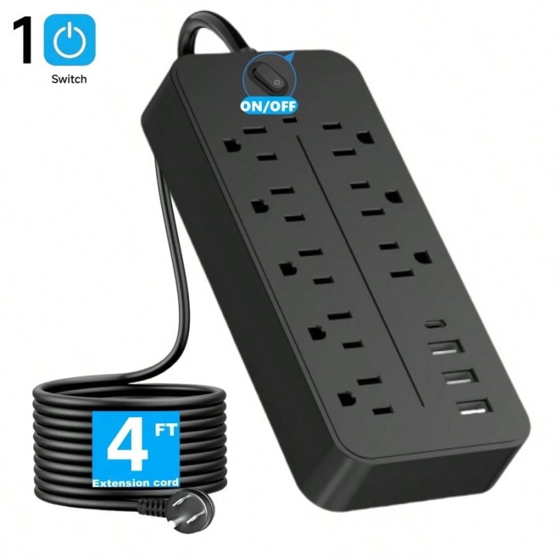2/1PC Power Strip, 4FT Extension Cord - 8 Outlets 4 USB Ports (1 USB C) Desktop Charging Station, Surge Protection Travel,Home,Kitchen,Office,College Dorm Room Essentials